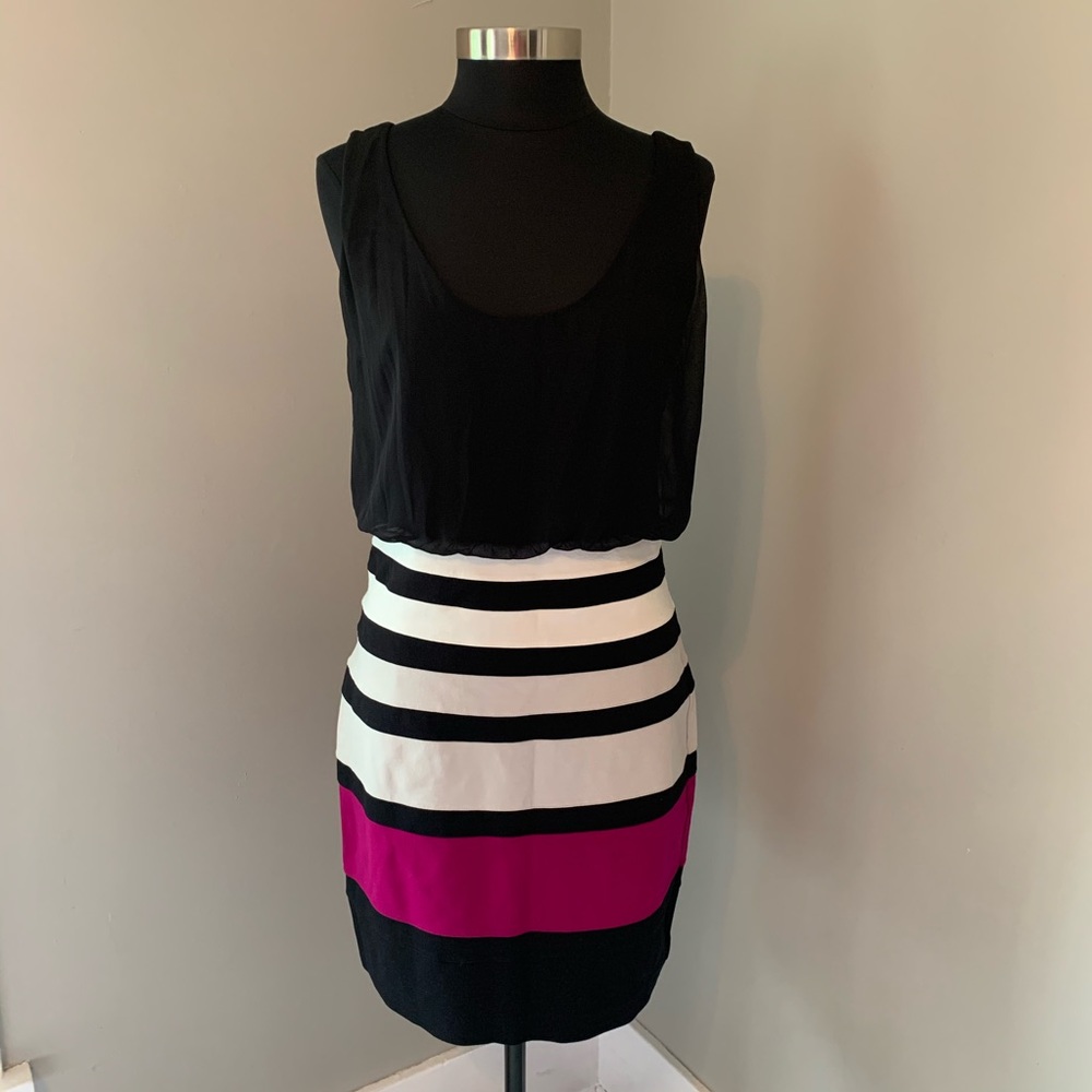 Black, White & Magenta Pink Blouse Top Striped Bodycon Fitted Skirt Tank Dress